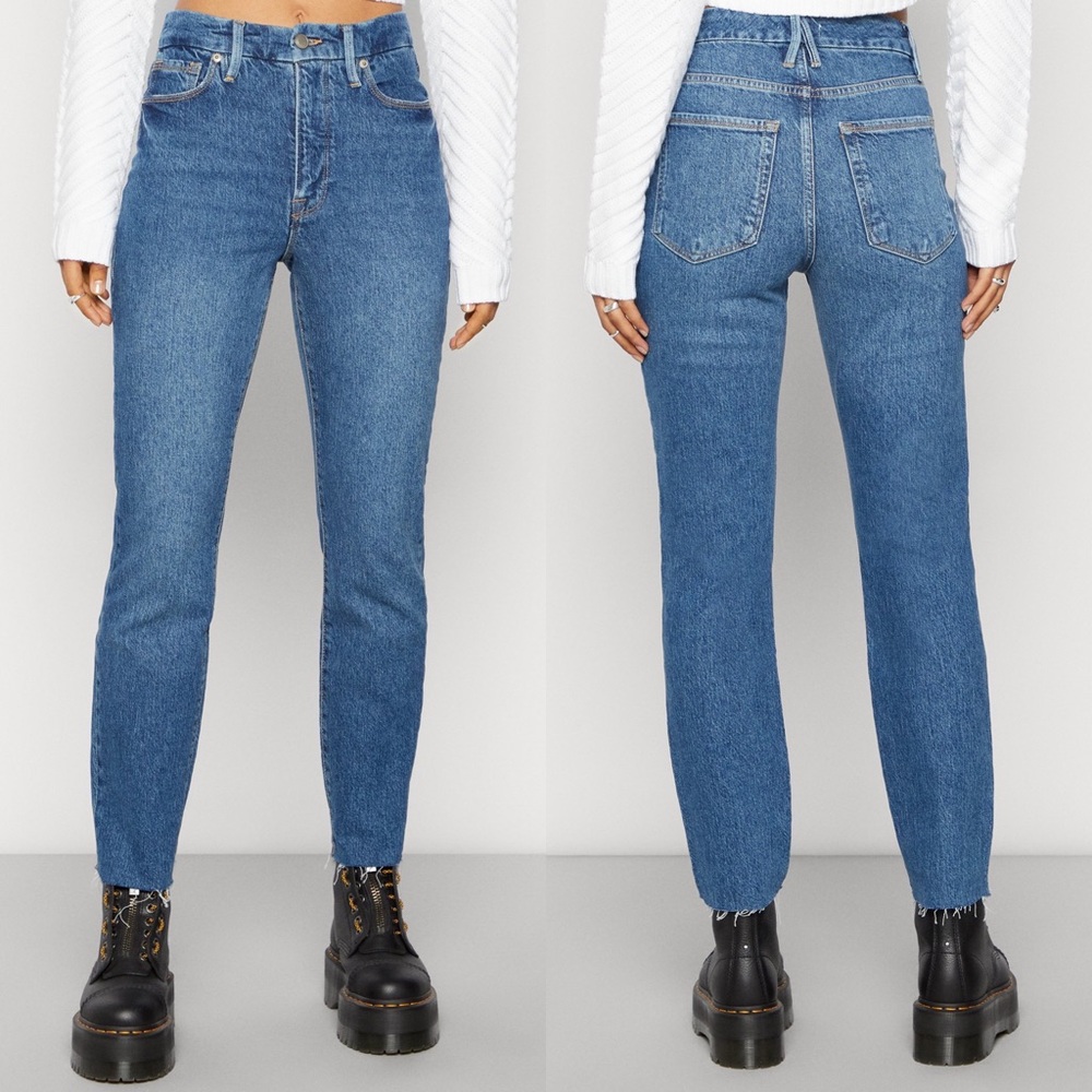 Good American Good Classic Medium Wash High Waist Raw Hem Cutoff Jeans Women’s